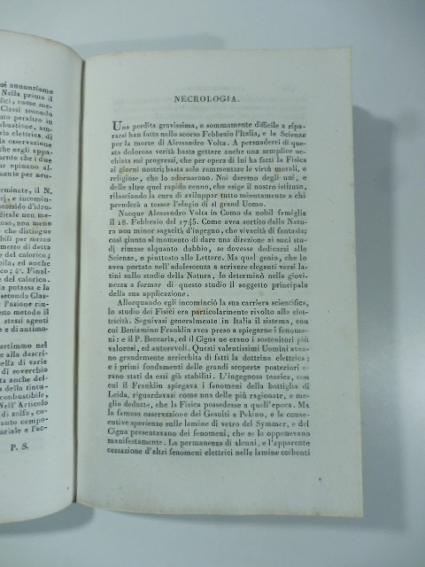 Necrologia. Alessandro Volta. Una perdita gravissima...(Stralcio da: Nuovo giornale de' letterati. N. 32. 1827)